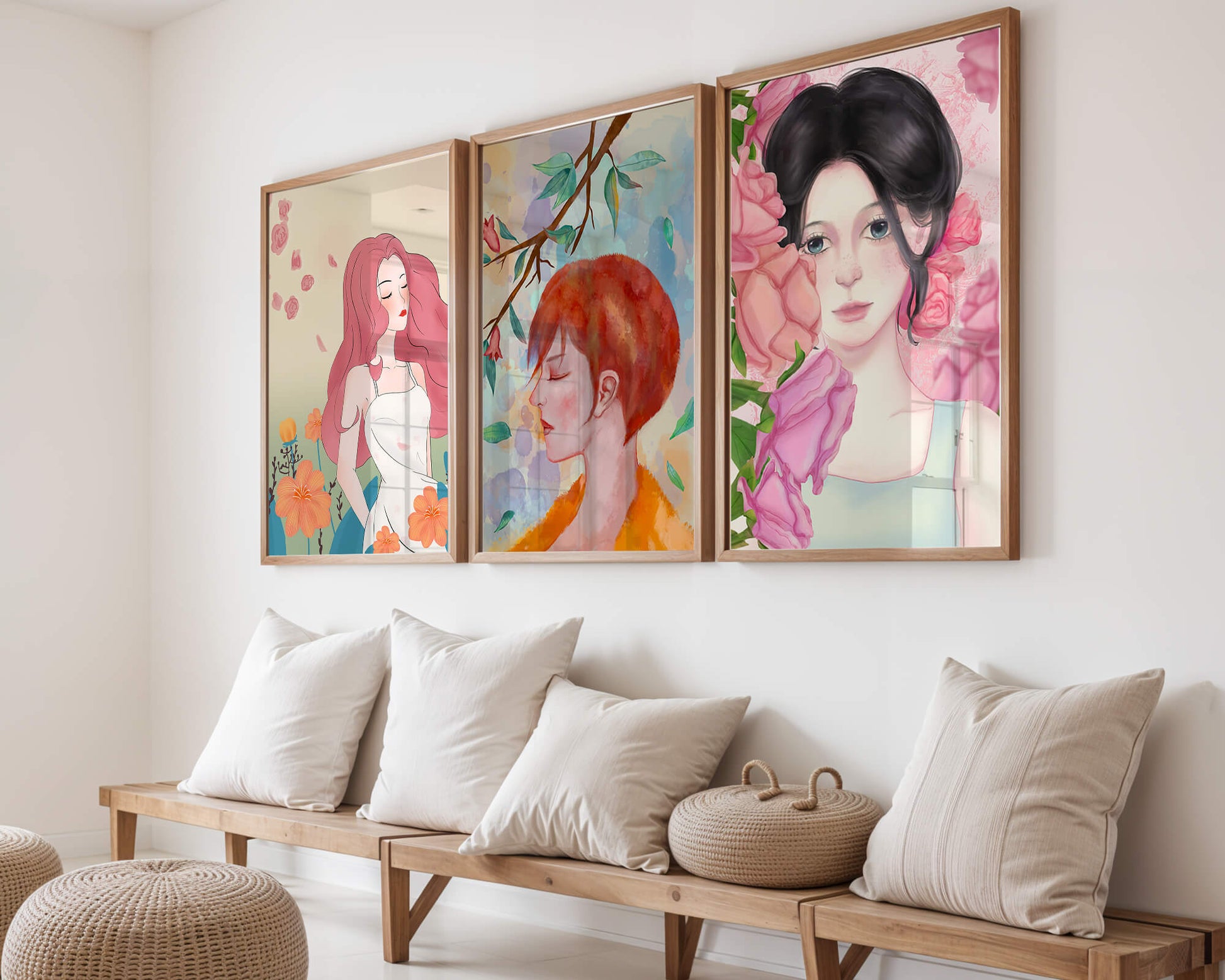 Peintures modernes de femmes avec fleurs en décoration intérieure