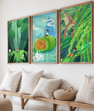 Mur Avec Trois Impressions Artistiques De Paysages Naturels Oniriques