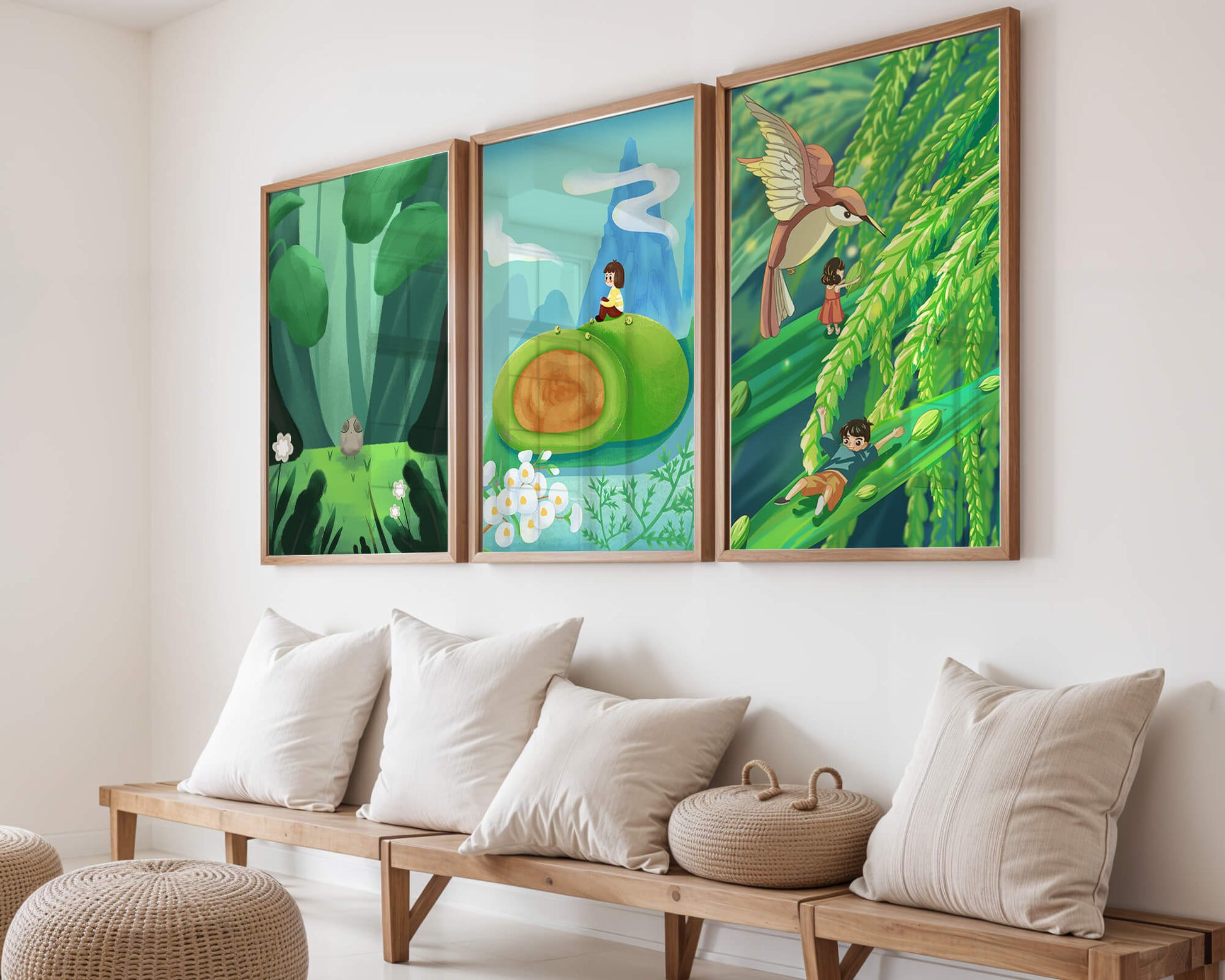 Pared Con Tres Impresiones Artísticas De Paisajes Naturales Oníricos