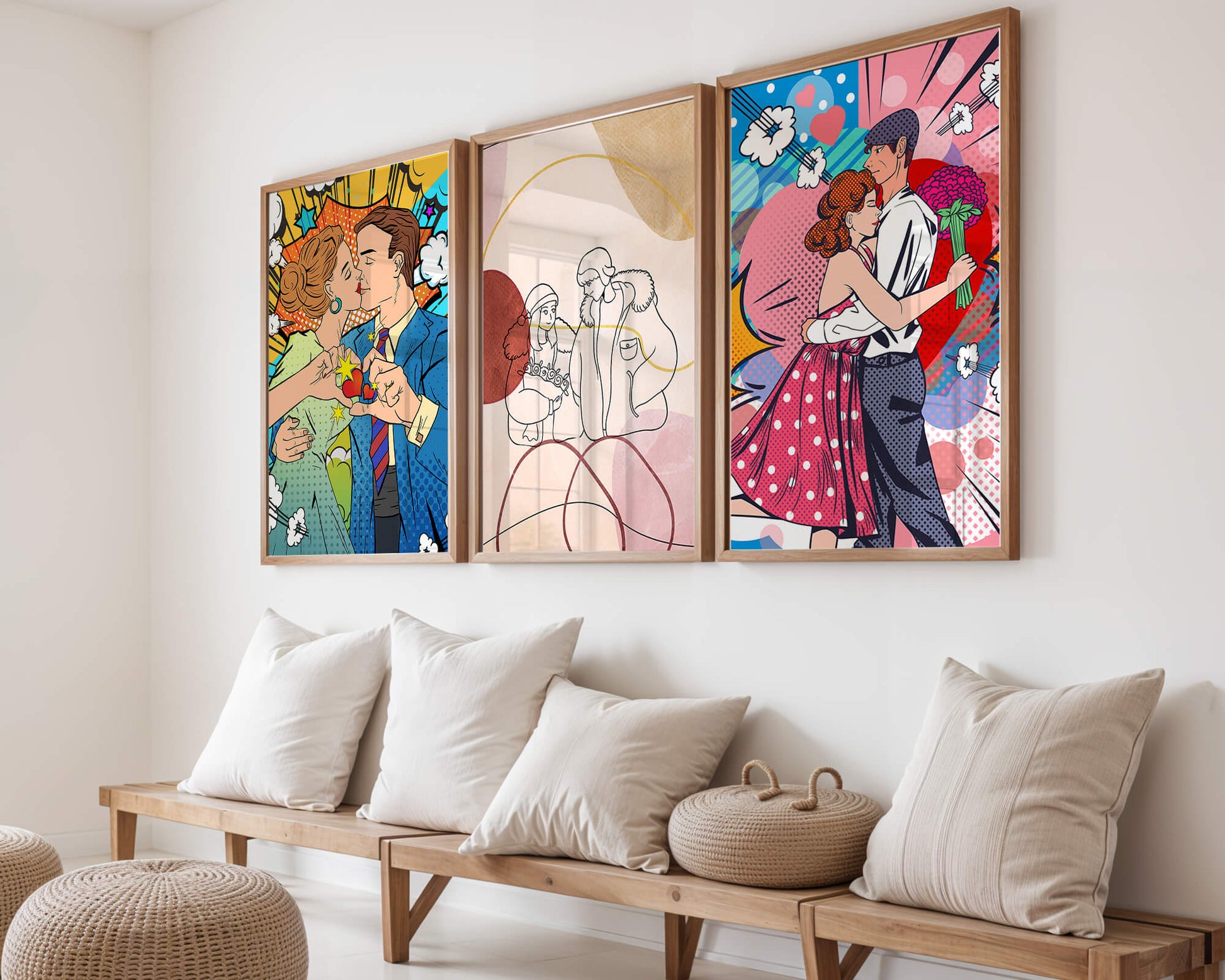 Conjunto De Obras De Arte De Parejas En Estilo Pop Art Y Línea
