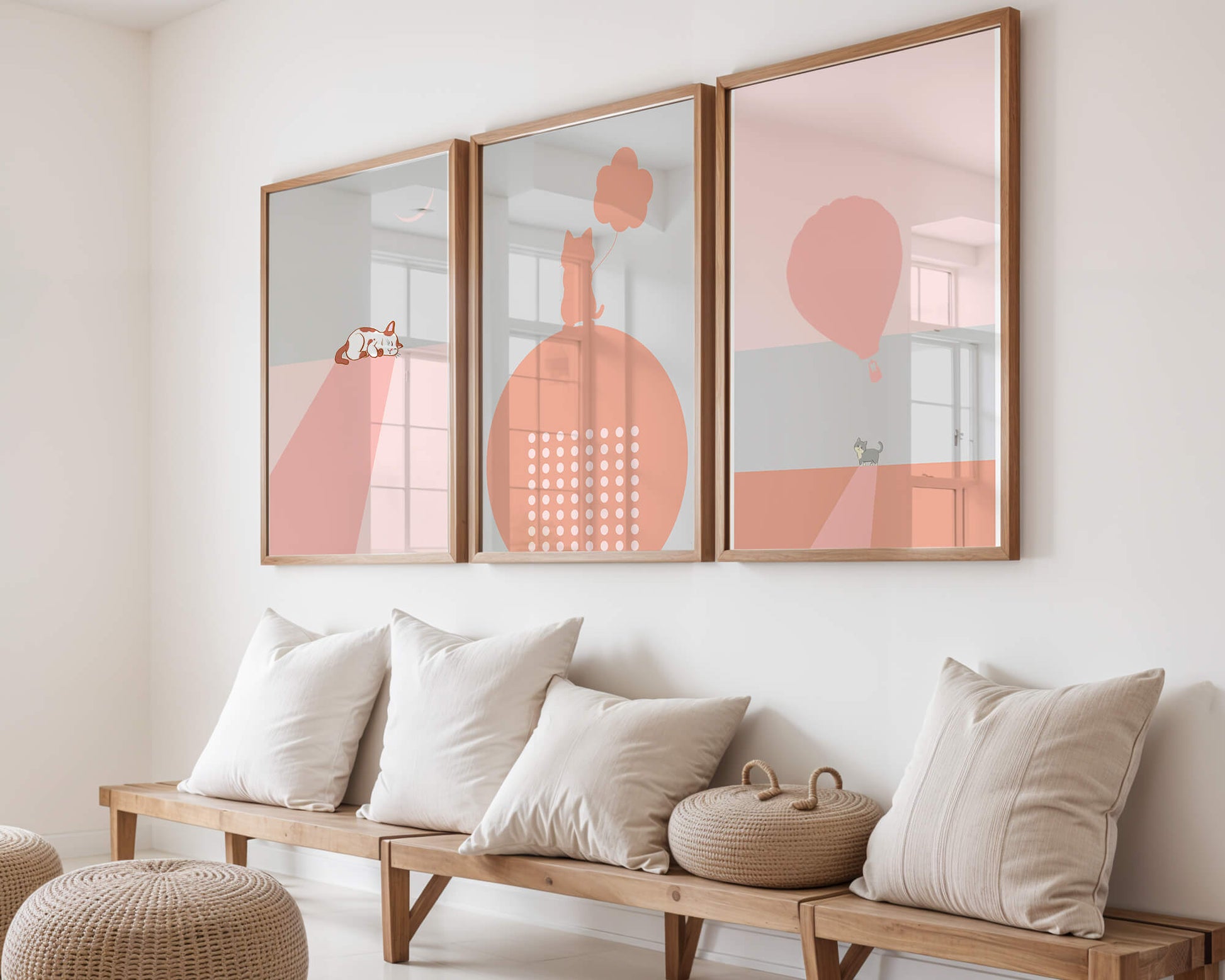 Triptyque minimaliste avec chats et ballon en ton rose