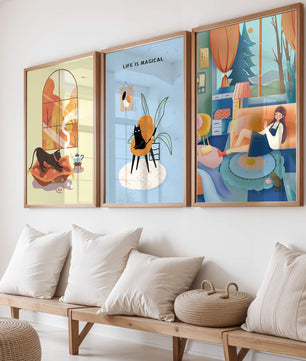 Triptyque d'art moderne avec des illustrations de chats et des scènes colorées