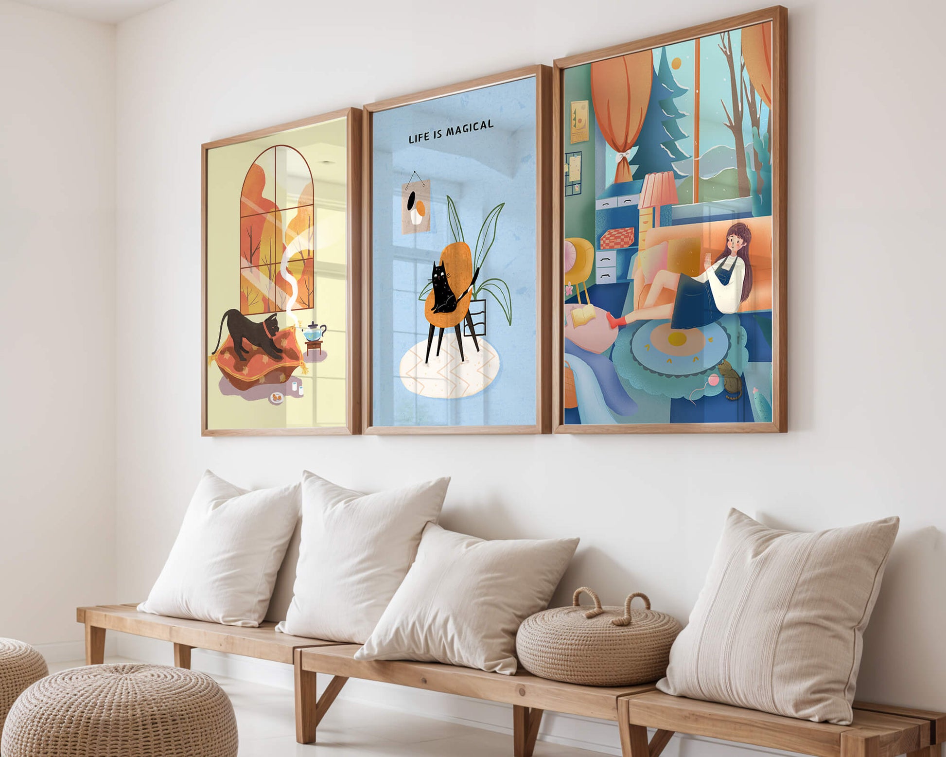 Triptyque d'art moderne avec des illustrations de chats et des scènes colorées