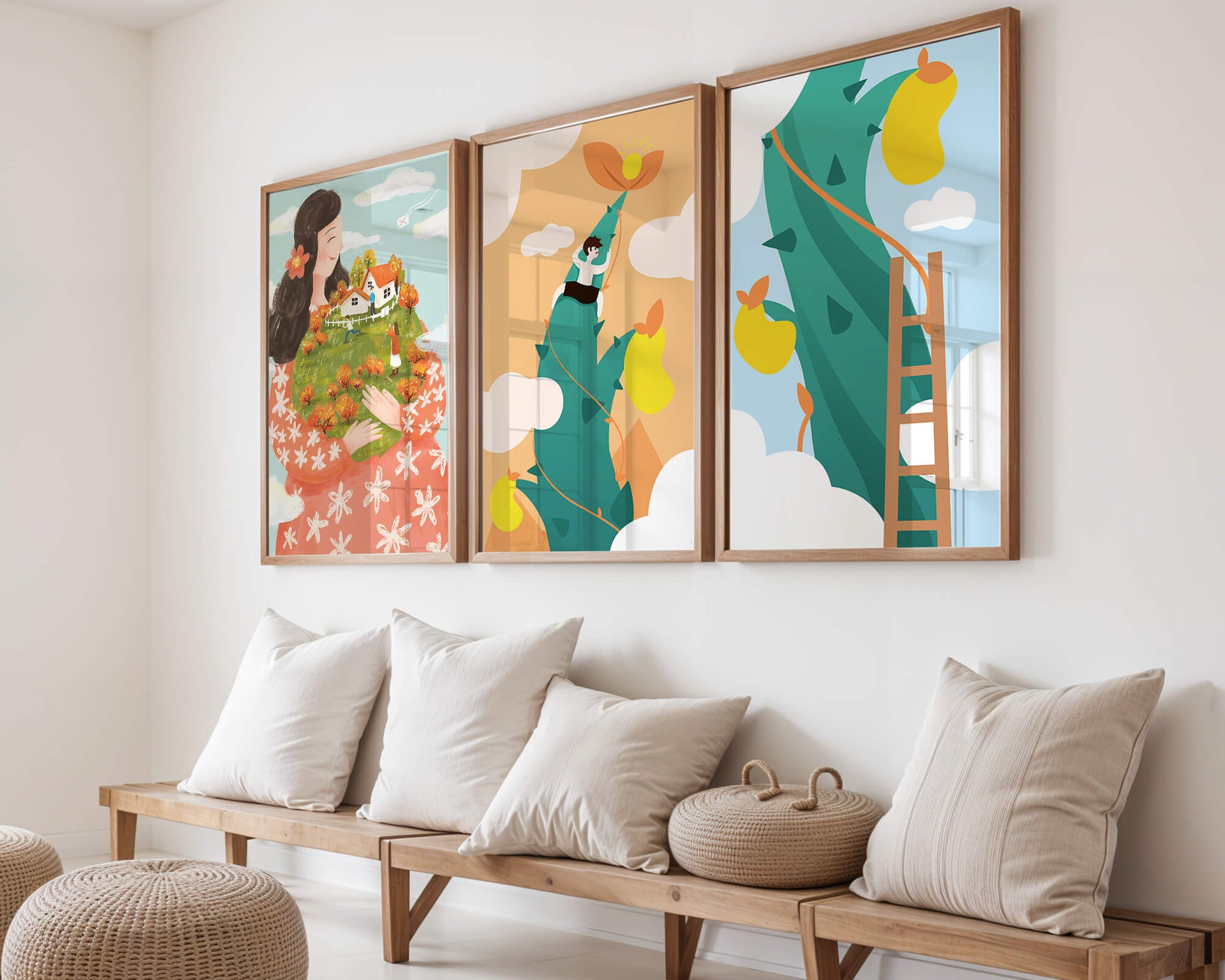 Ensemble de trois tableaux avec des illustrations colorées