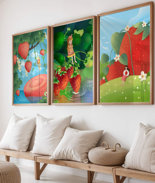 Ensemble d’illustrations de fraise avec une fillette dans un environnement naturel
