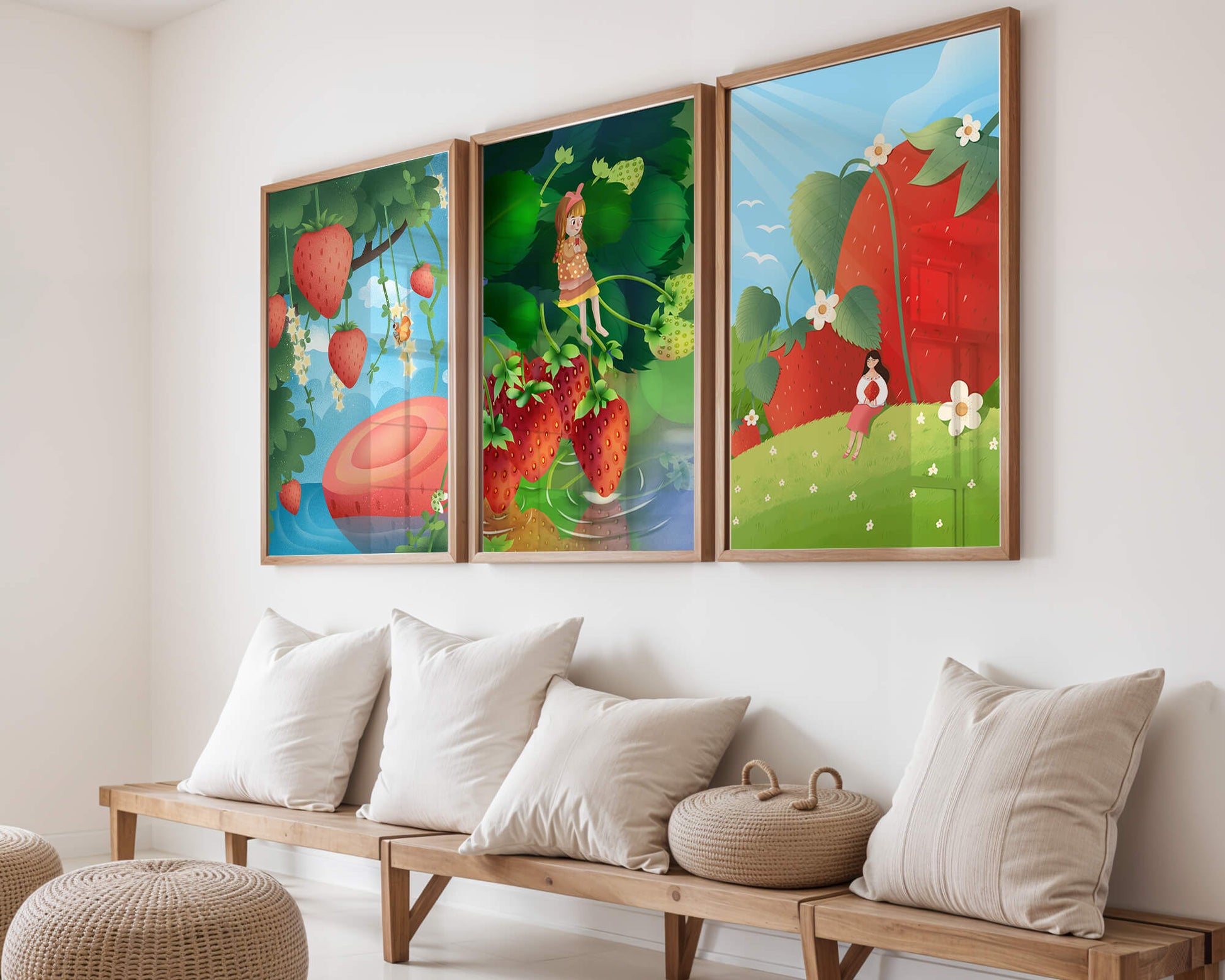Ensemble d’illustrations de fraise avec une fillette dans un environnement naturel