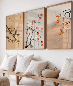 Conjunto de Obras de Arte con Ramas y Frutas en Estilo Oriental