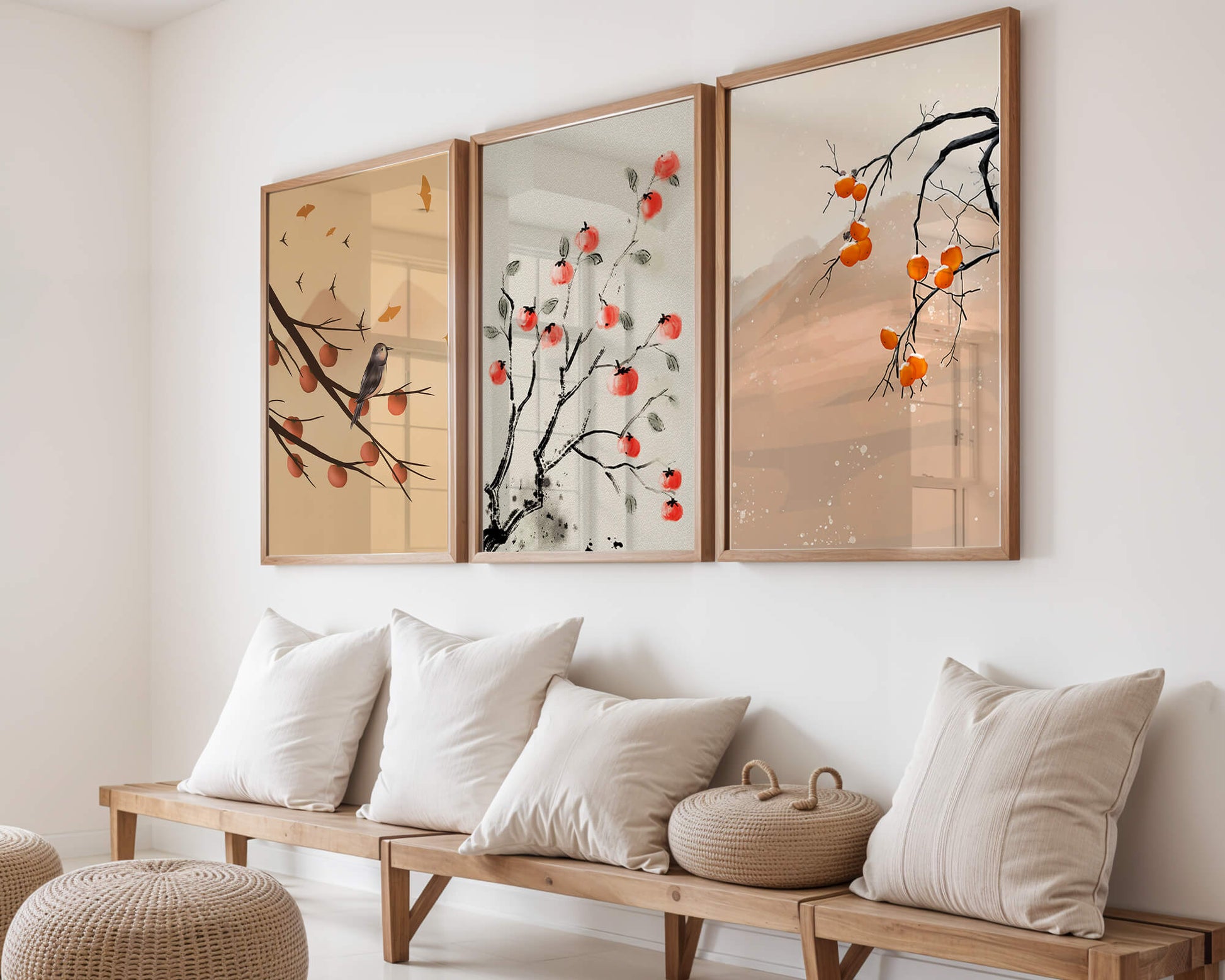 Conjunto de Obras de Arte con Ramas y Frutas en Estilo Oriental