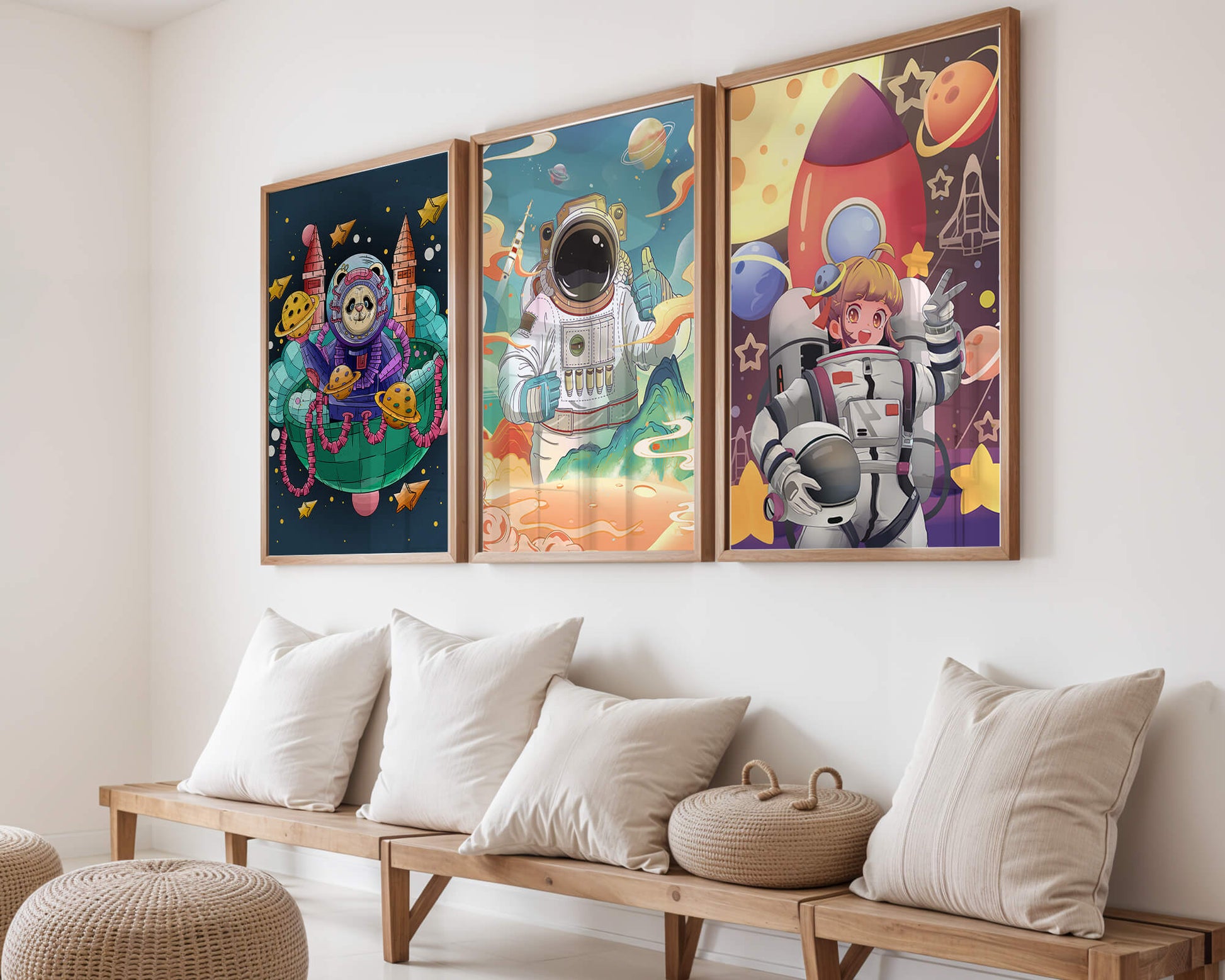 Coloridos diseños espaciales con temática de astronautas