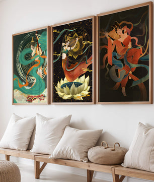 Ensemble d’affiches de style asiatique avec motifs floraux et dorés
