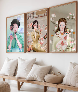 Conjunto De Impresiones Artísticas De Mujeres Estilo Retro Con Elementos Dorados