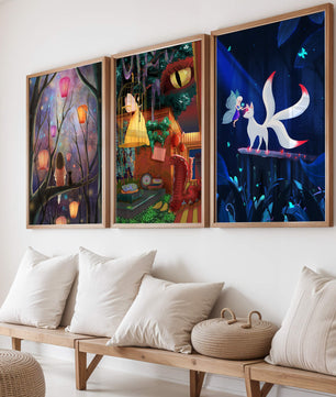 Triptyque d’art fantastique avec des illustrations colorées et oniriques