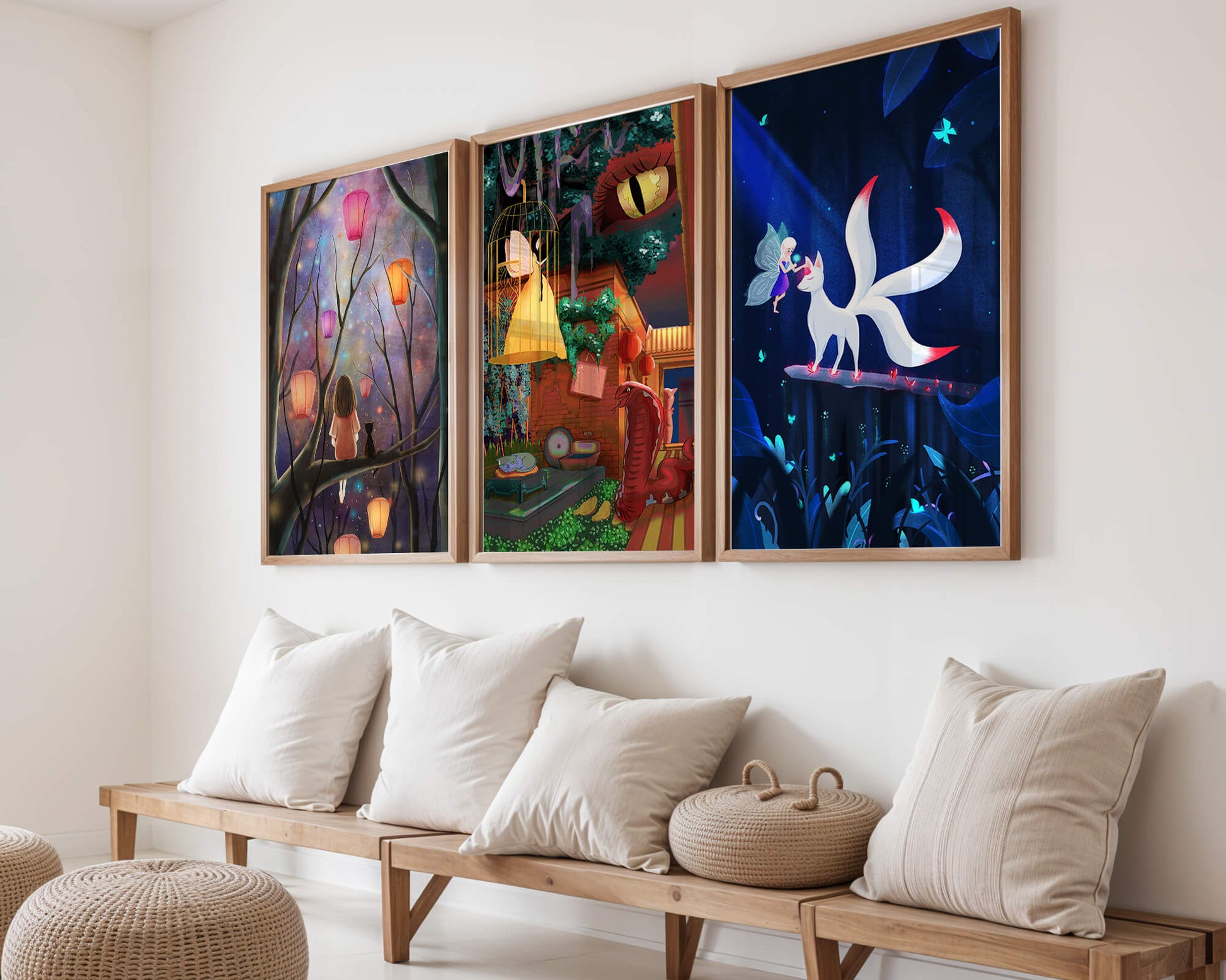 Triptyque d’art fantastique avec des illustrations colorées et oniriques