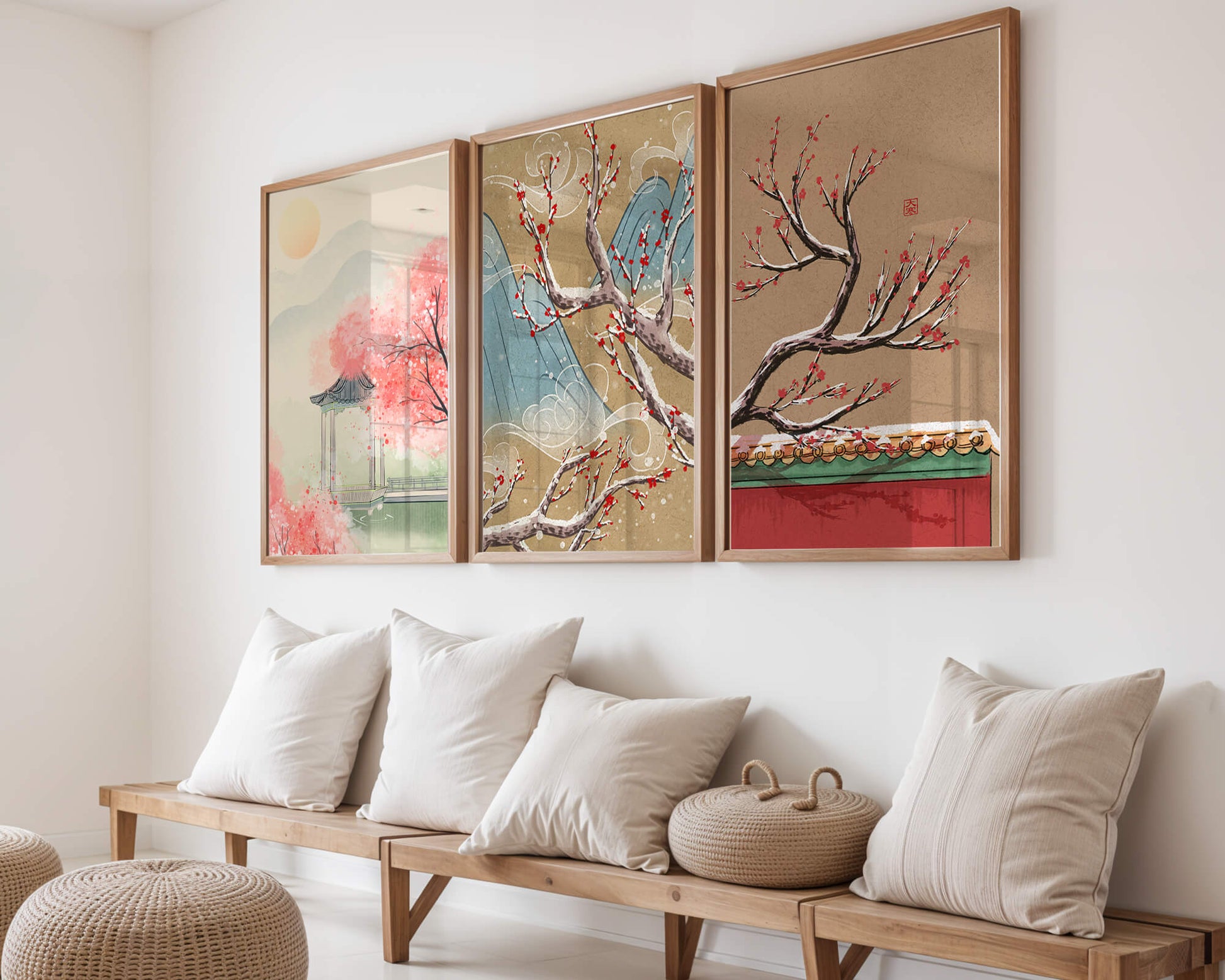 Ensemble de toiles orientales avec fleurs de cerisier