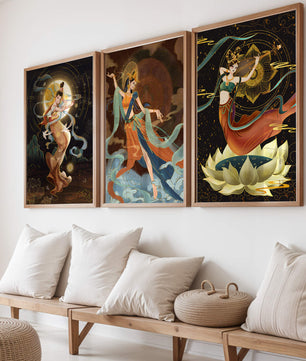 Art de divinités mythologiques dans un style oriental avec des détails dorés