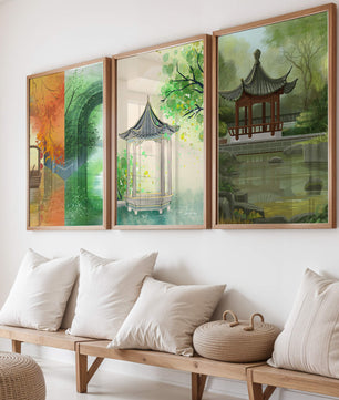 Art de paysages orientaux avec des éléments architecturaux