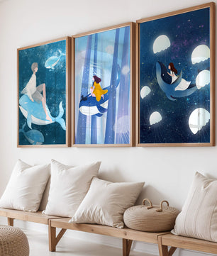Ensemble d'illustrations de baleines volantes et de figures humaines dans un environnement cosmique
