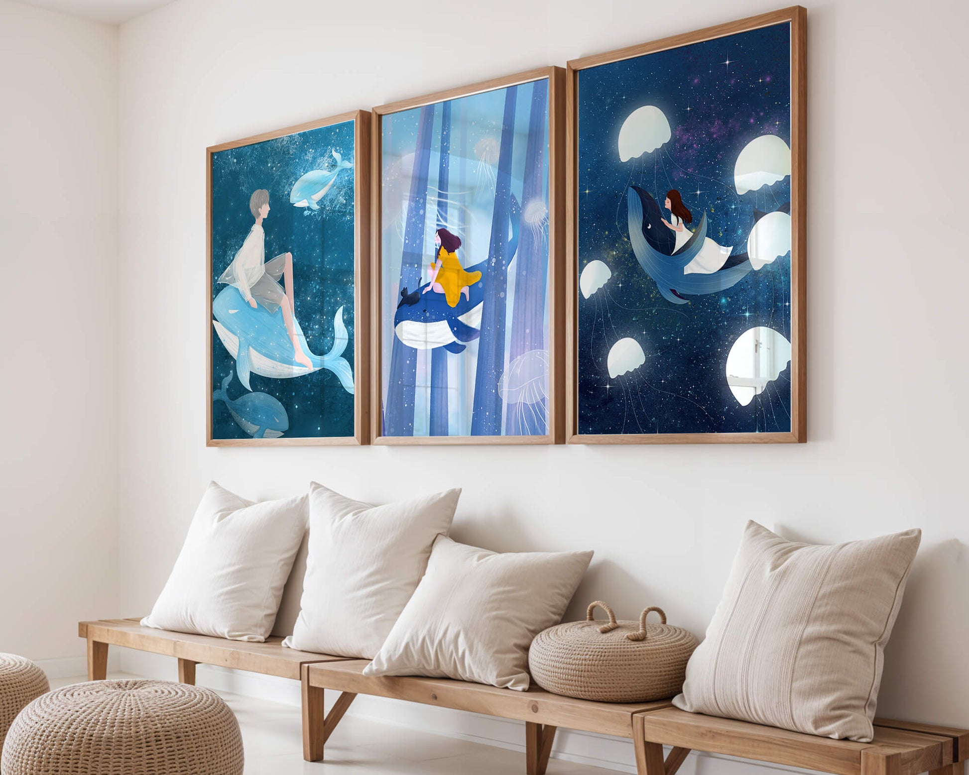 Ensemble d'illustrations de baleines volantes et de figures humaines dans un environnement cosmique