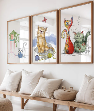 Art illustré de chats dans des cadres en bois