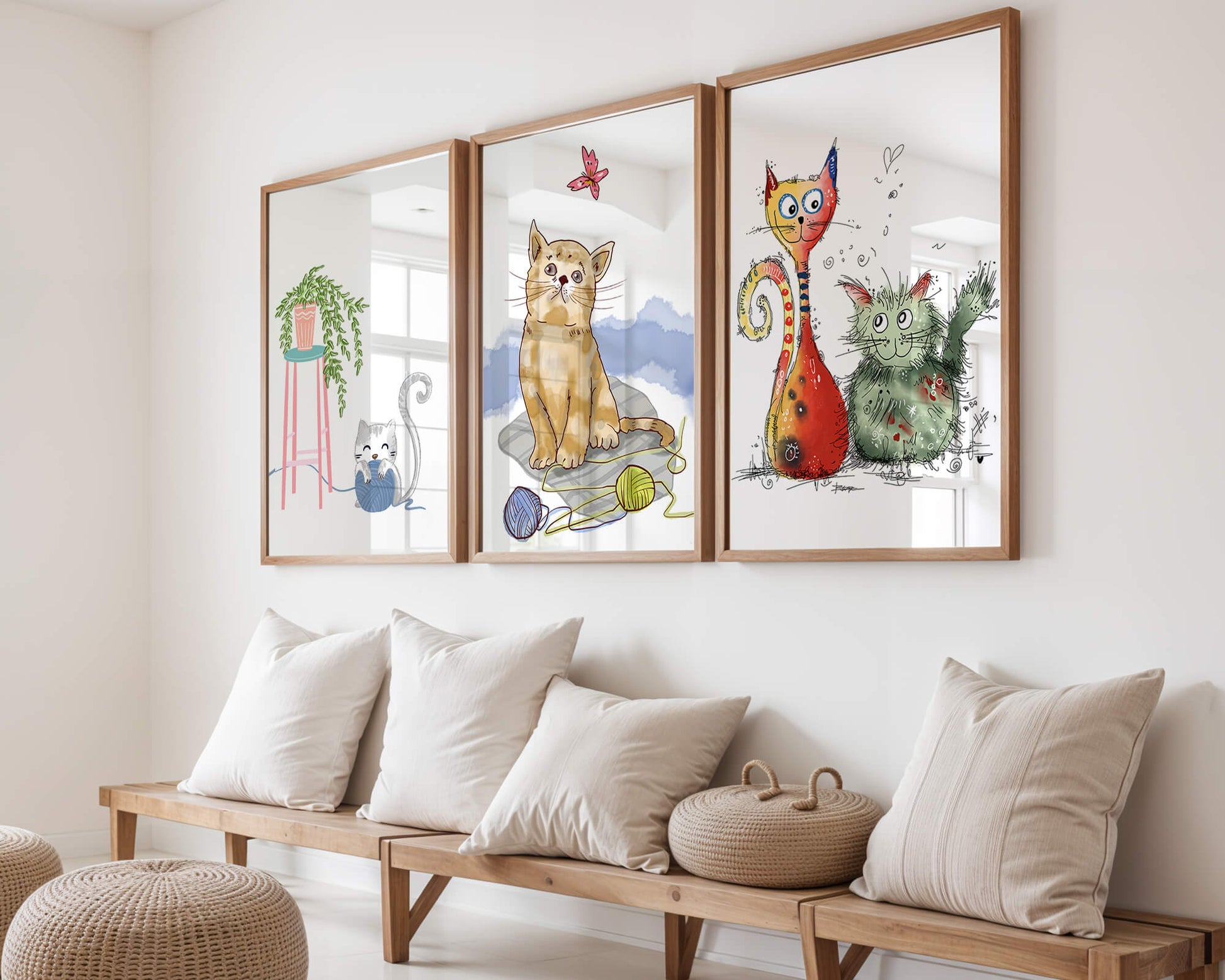 Art illustré de chats dans des cadres en bois