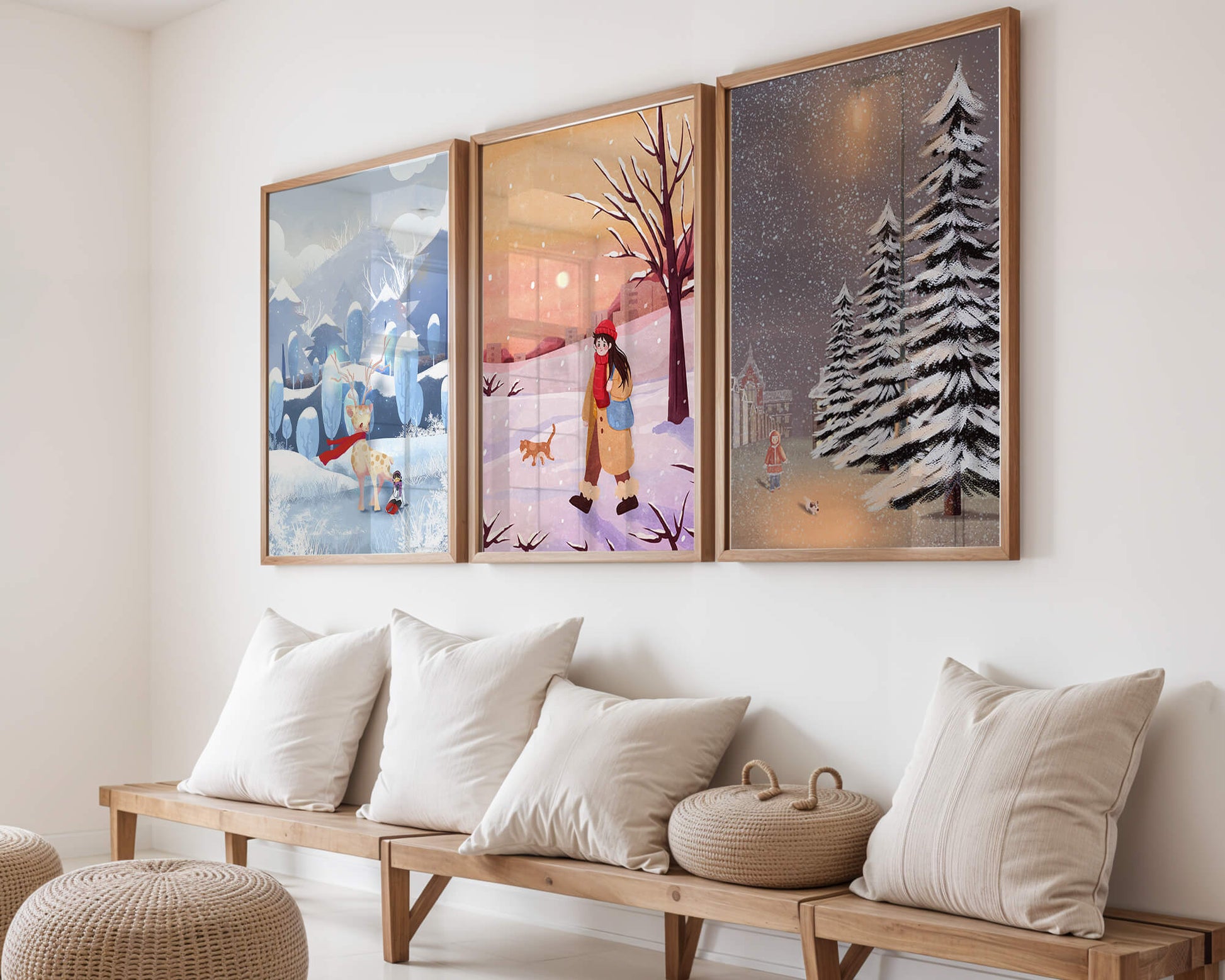 Conjunto de Tres Ilustraciones de Invierno en Tonos Cálidos y Fríos