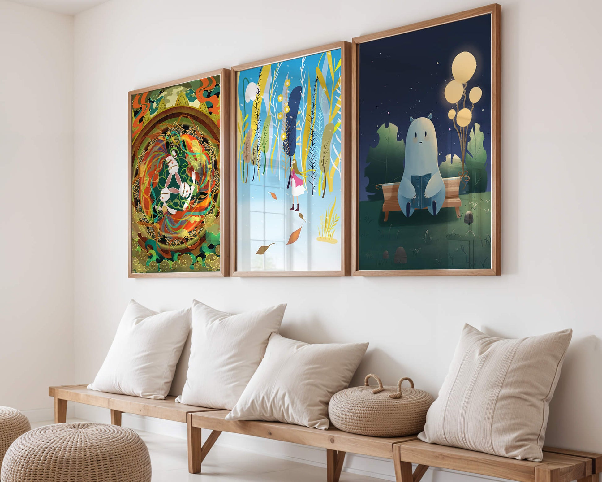 Conjunto De Tres Obras De Arte En Pared Con Elementos Dorados