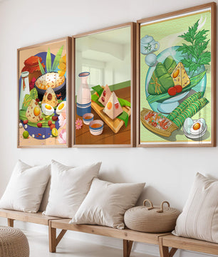 Illustrations de cuisine asiatique dans des cadres en bois