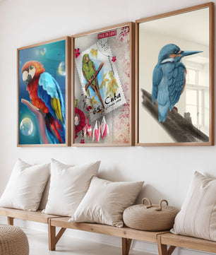 Arte Decorativo con Pájaros Coloridos en Impresión de Alta Calidad