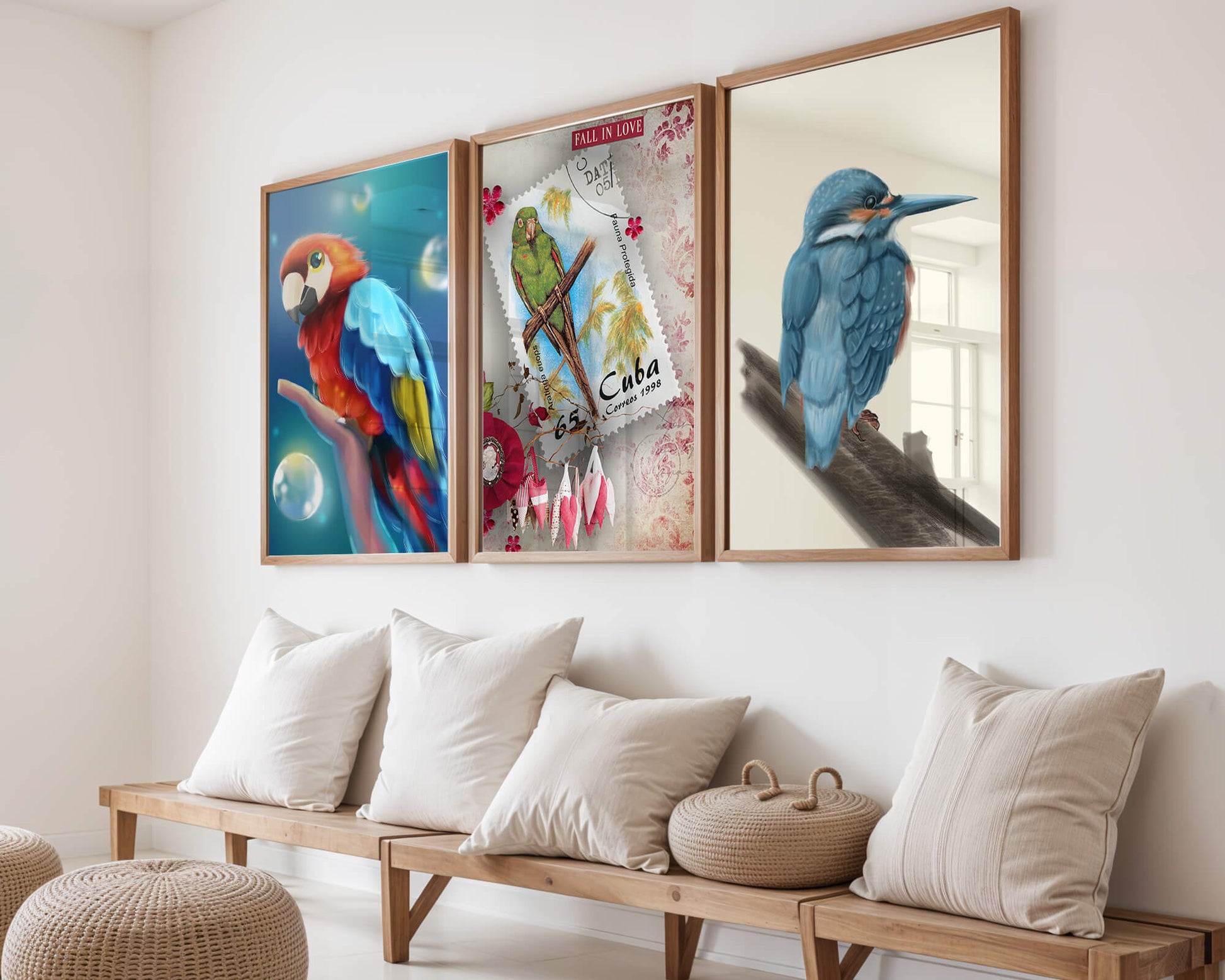 Arte Decorativo con Pájaros Coloridos en Impresión de Alta Calidad