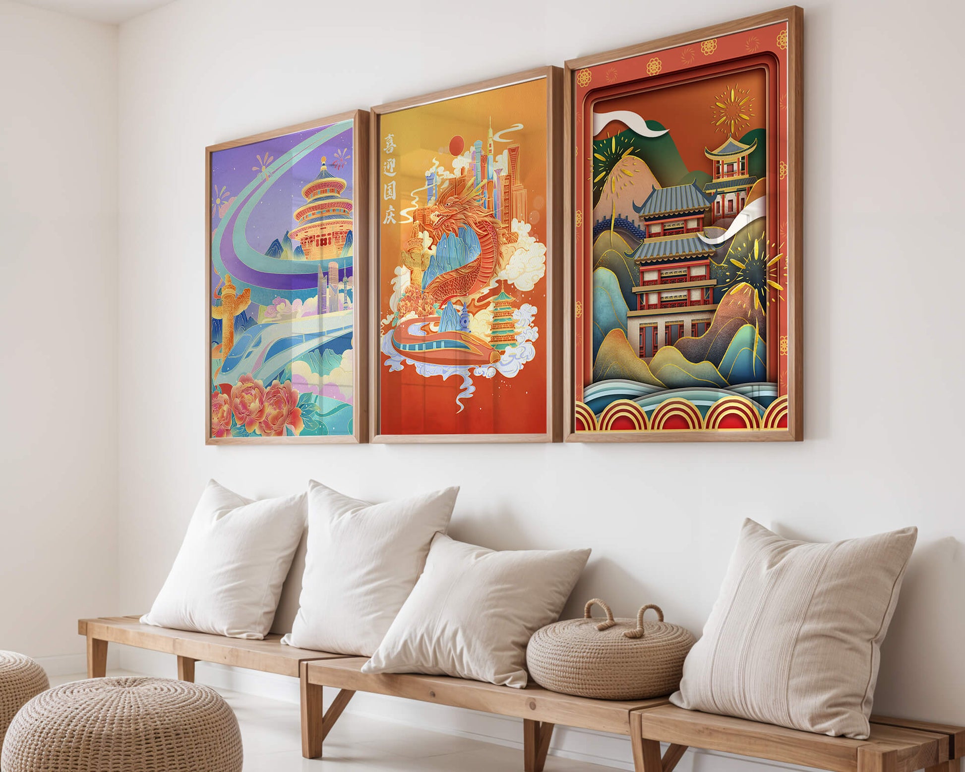 Piezas de Arte Cultural con Elementos Asiáticos y Motivos Tradicionales