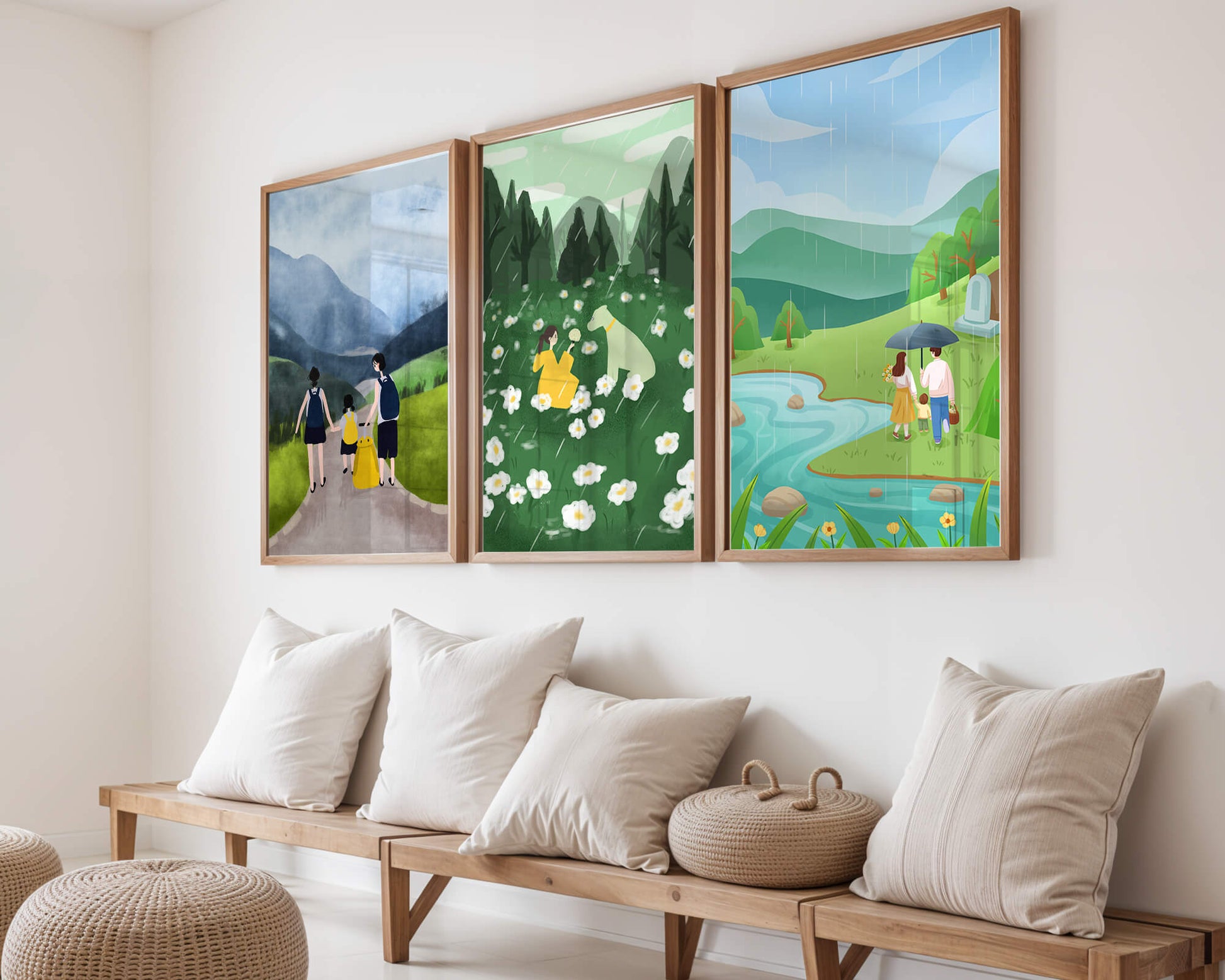 Set aus Drei Naturlandschaften mit Holzrahmen