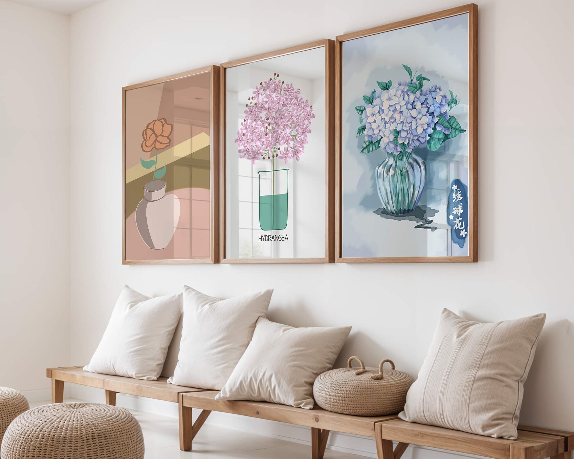 Conjunto De Impresiones Artísticas Con Flores En Marcos De Madera