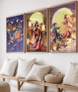 Triptyque de posters à thème oriental et pleine lune