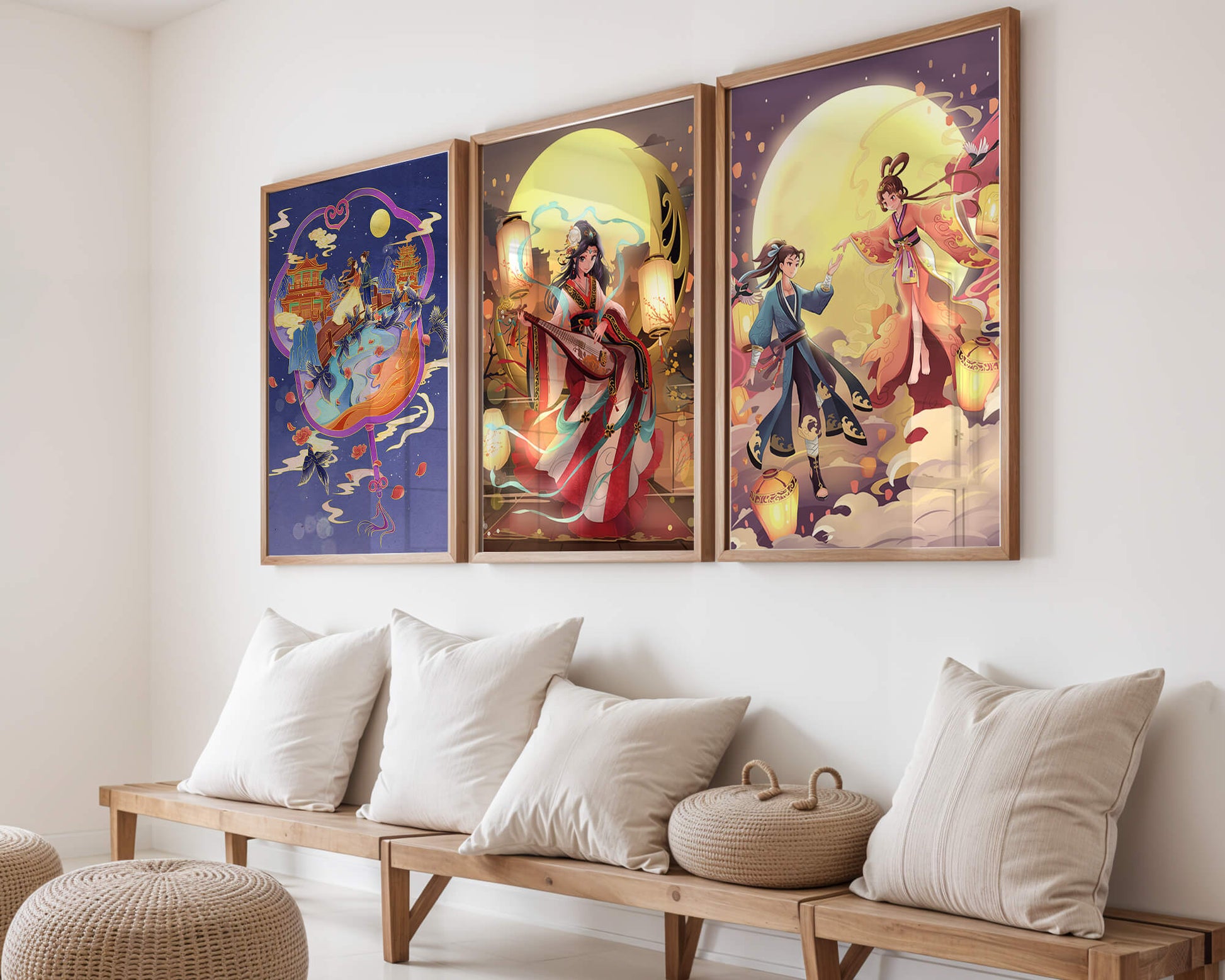Triptyque de posters à thème oriental et pleine lune