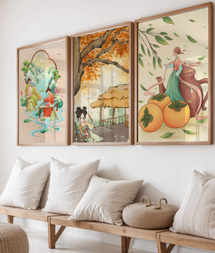 Set asiatischer Kunst auf Leinwänden ohne Rahmen mit natürlichen Motiven