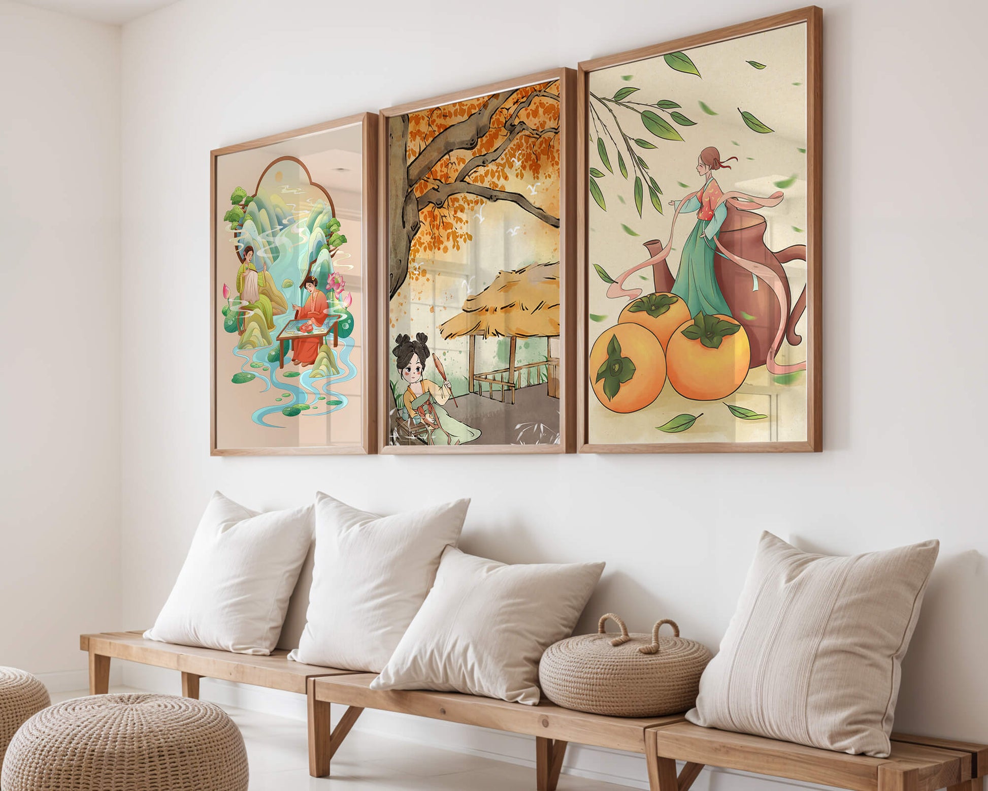 Set asiatischer Kunst auf Leinwänden ohne Rahmen mit natürlichen Motiven