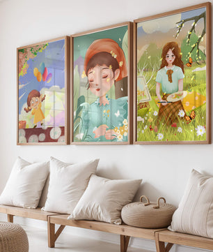 Art de filles en illustrations colorées et nature