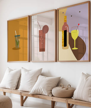 Illustrations minimalistes de boissons dans des cadres en bois