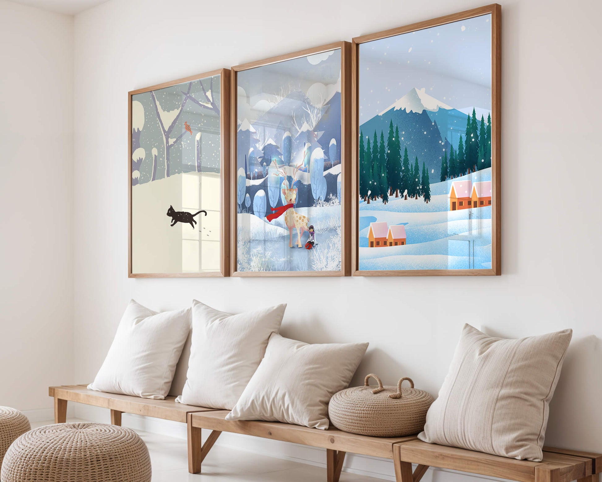 Conjunto de Ilustraciones Invernales con Animales y Paisajes