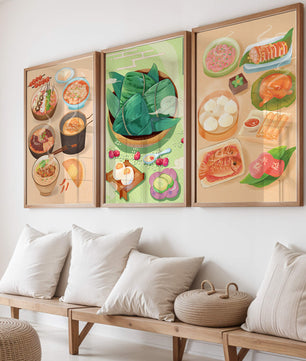 Pósters Ilustrados de Comida Temática Oriental Sobre Piso de Madera