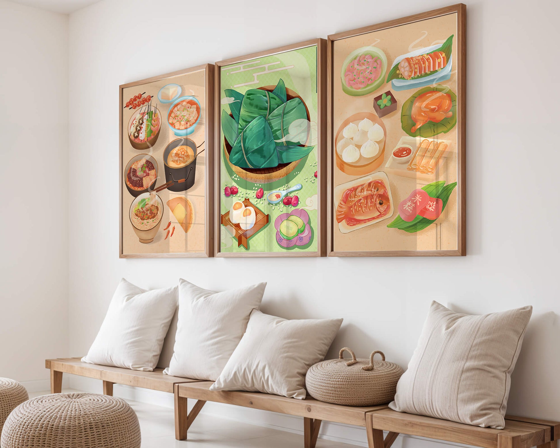 Pósters Ilustrados de Comida Temática Oriental Sobre Piso de Madera