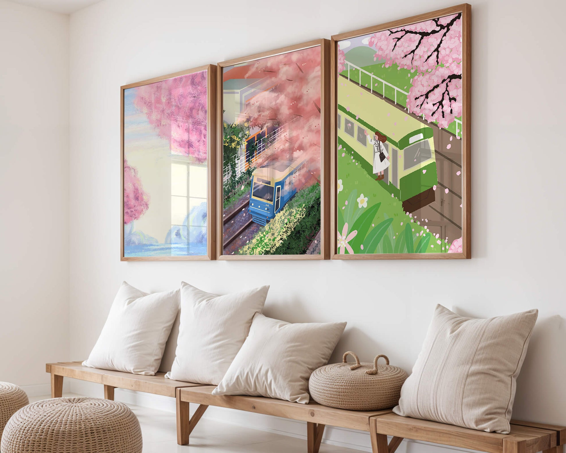 Ensemble de trois tableaux avec des paysages de cerisiers et des trains