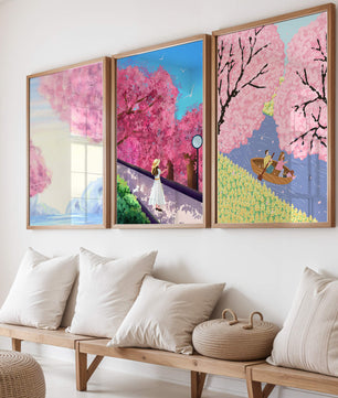 Peintures de fleurs de cerisier encadrées avec de magnifiques paysages