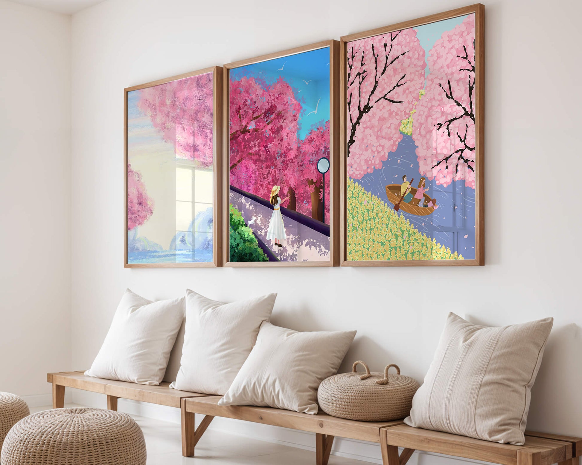 Peintures de fleurs de cerisier encadrées avec de magnifiques paysages