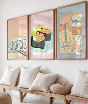 Ensemble de toiles avec illustrations de sushi sur fond pastel