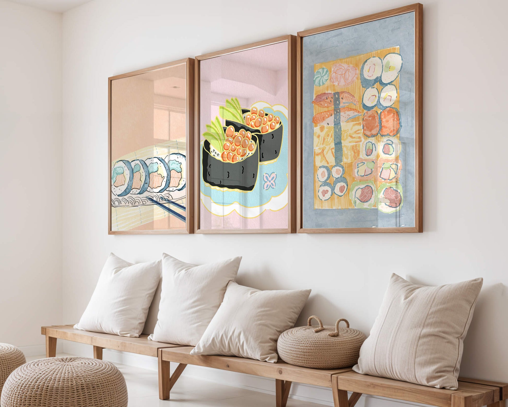 Conjunto de Lienzos con Ilustraciones de Sushi en Fondo Pastel