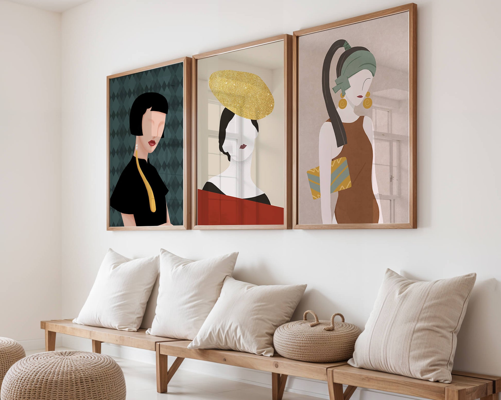 Trio de portraits modernes avec lignes douces et chapeaux exubérants