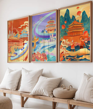 Affiches d’architecture asiatique avec trains et danses traditionnelles