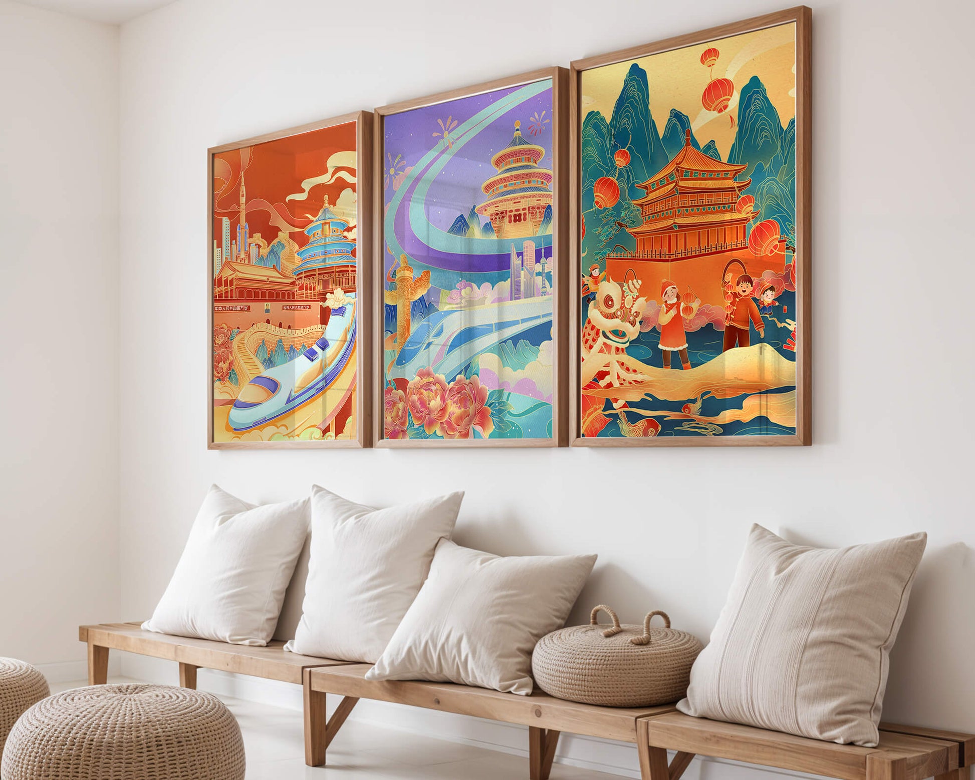 Posters de Arquitectura Asiática con Trenes y Danzas Tradicionales