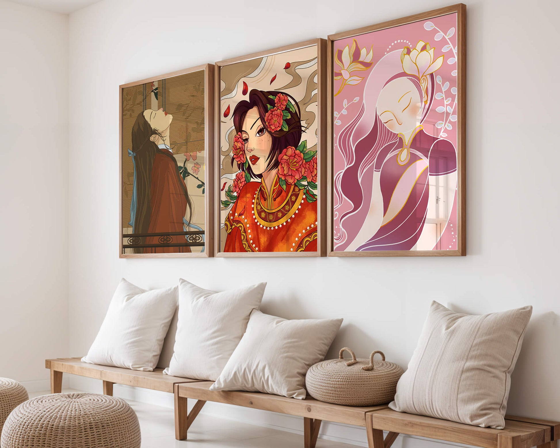 Conjunto de Ilustraciones de Estilo Asiático Presentadas Sin Marco en Fondo Claro